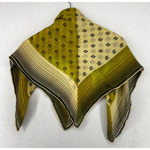 Silk Chiffon Scarf Hand Rolled Geometric Printed Wrap Square Green Black 31" Vtg - Picture 1 of 13